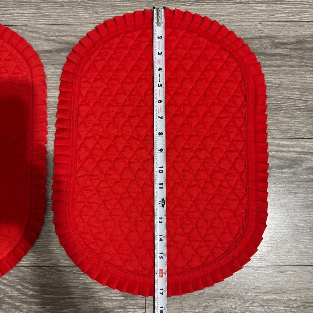 Set of 4 Red Quilted Oval Placemats Ruffled Edge Farmhouse Holiday Decor 17x12.5